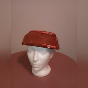 Vintage Brown Pillbox Hat with Gem Accents